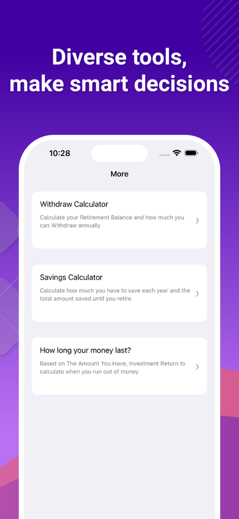 Retirement Calculator, Planner - 退職計画アプリのインターフェースに、引き出し計算機、貯蓄計算機、および資金寿命ツールが表示されています。