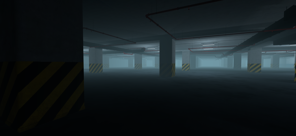 Noclip : Backrooms Multiplayer - Un niveau de garage de stationnement souterrain sombre et brumeux dans Noclip Backrooms Multiplayer avec des piliers en béton avec des bandes de sécurité jaunes et noires.