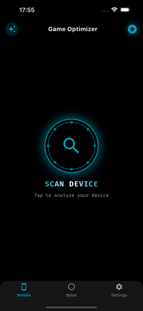 Pantalla de la aplicación Bola botón Trick con un botón de escaneo de dispositivo para la optimización del juego