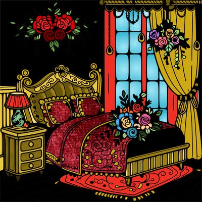 a beautiful room with flowers on the bed