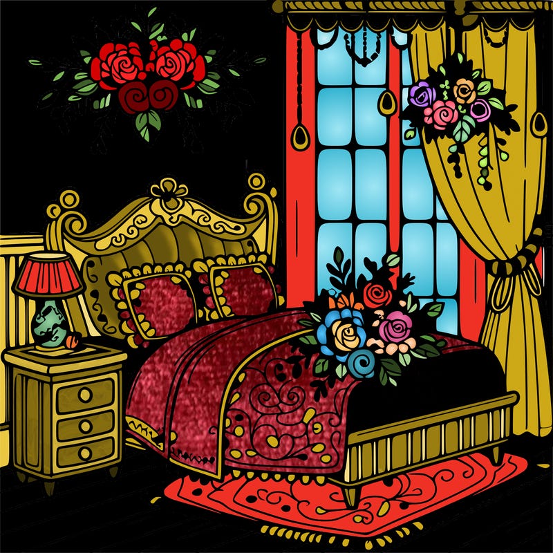 a beautiful room with flowers on the bed