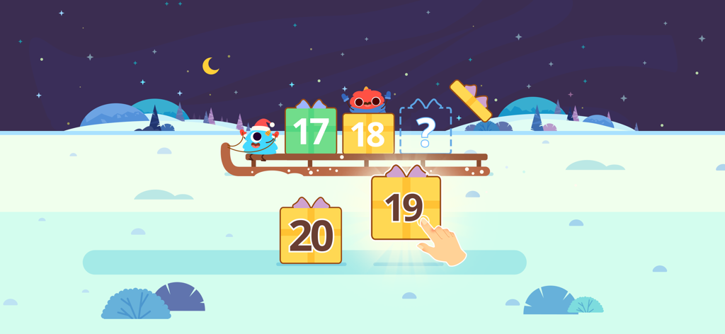 雪景色の中で数字のシーケンスを示す、子供向けの教育的な算数ゲーム