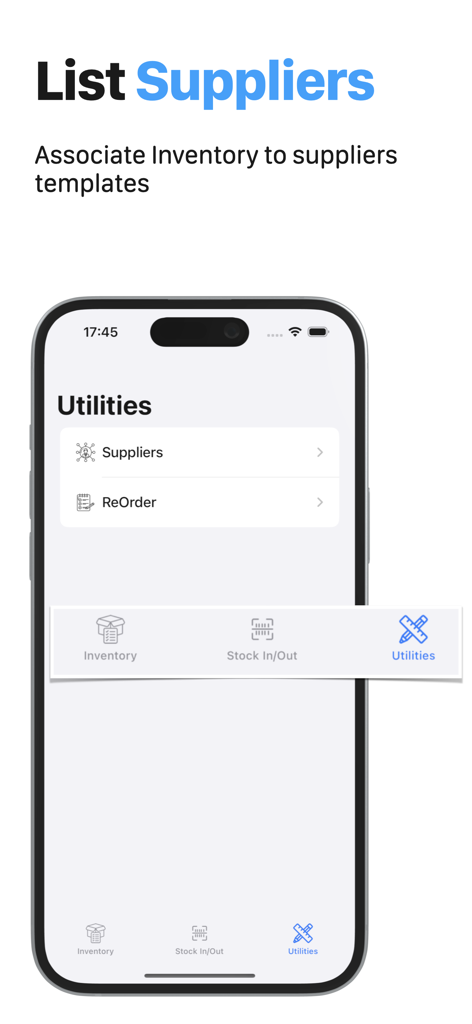 Screenshot der Inventory Management Pro App, die das Dienstprogramm-Menü mit Optionen für Lieferanten- und Nachbestellungslisten zeigt