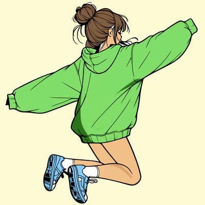 realistic girl jumping with a bun and oversized sweatshirt