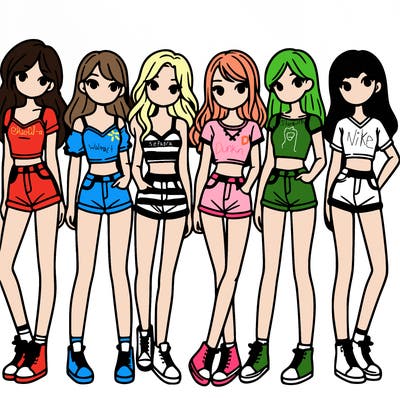 a group of girls wearing crop tops and shorts