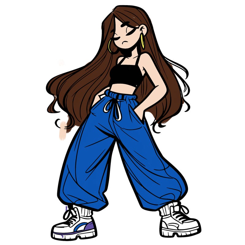 girl in baggy pants crop top and long hair