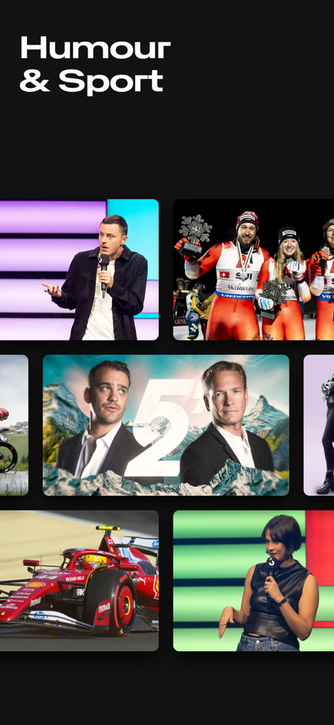 Play RTS : Streaming & replay - A grid displaying humor and sport content including Swiss skiers, comedians, and a Formula 1 car on Play RTS