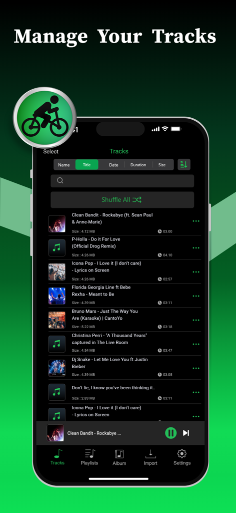 Smartphone screen showing the track management interface of the Offline Music Player app with options to sort and shuffle music.