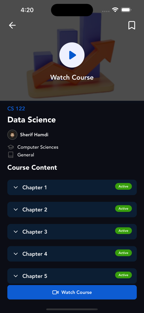 A screen from the Triple AAA app displaying a Data Science course with a list of chapters and a watch course button