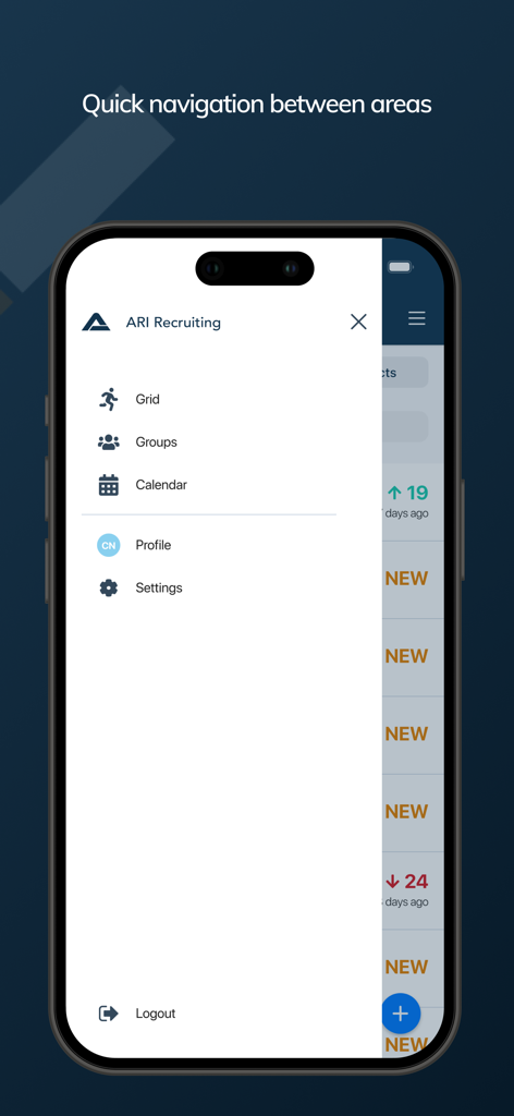 ARI Athletics recruitment app menu for quick navigation between coaching tools