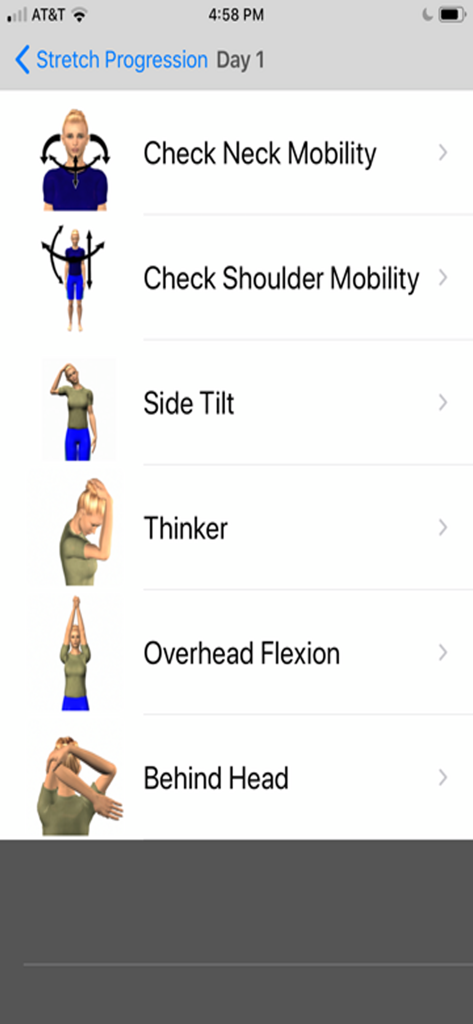 Stretch for Pain Relief Upper - Tela do aplicativo móvel mostrando uma lista de alongamentos para pescoço e ombros para alívio da dor