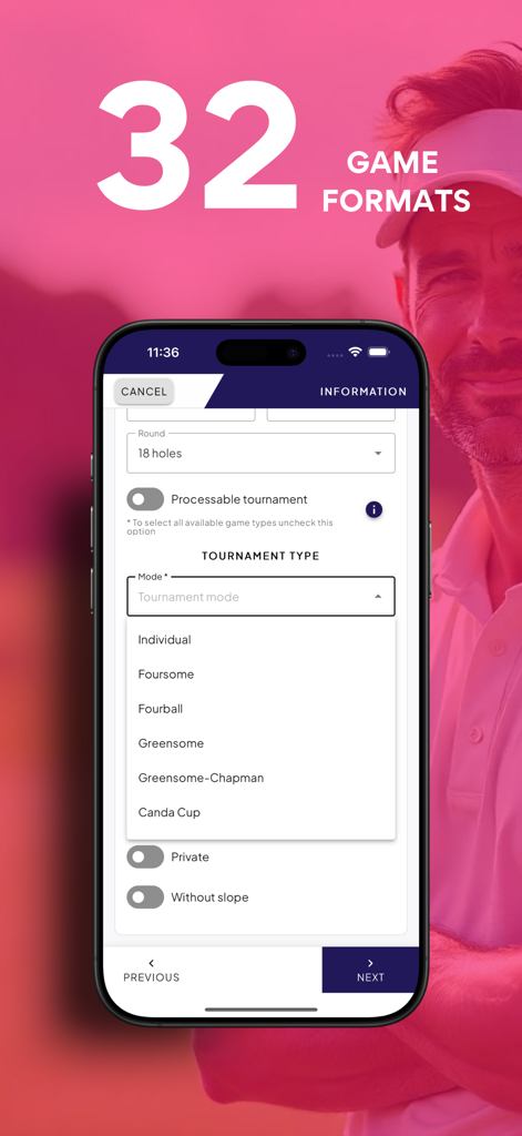 Golf Directo: Live Scoring - Pantalla móvil mostrando varios tipos de torneos de golf como individual y foursome en la aplicación Golf Directo