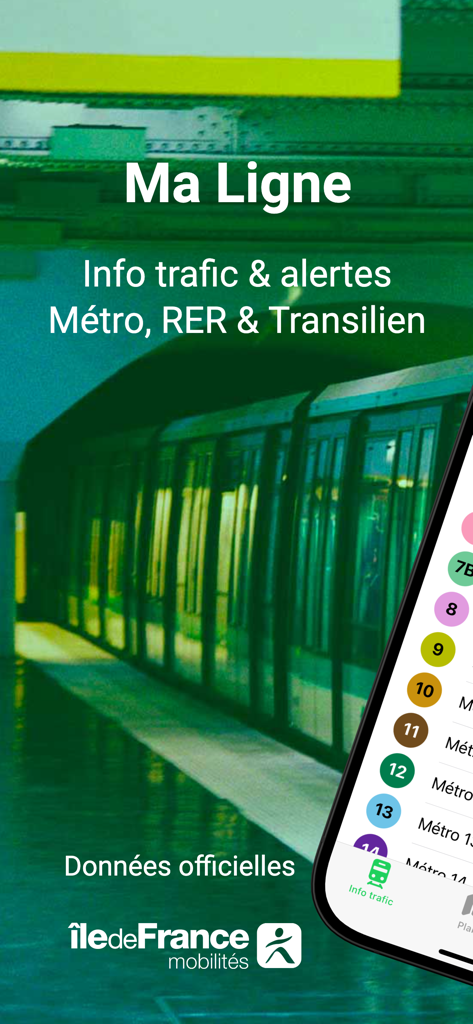 Ma Ligne - Trafic Metro & RER - Ma Ligne app screen showing real-time Paris Metro and RER traffic alerts with official transit data