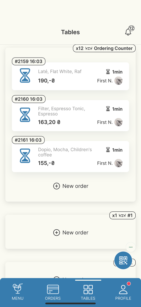 Mobile Cafe - Mobile Cafe app interface displaying a list of orders by table with real time status tracking and a new order button