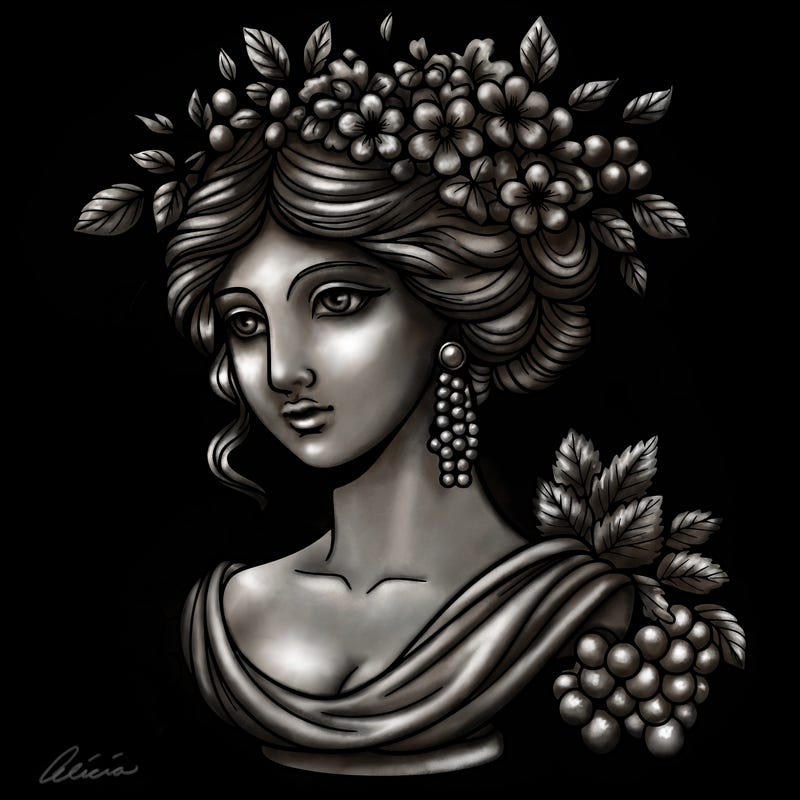 bust of a woman statue with flowers and a bunch of grapes in her hair, cherry earrings
