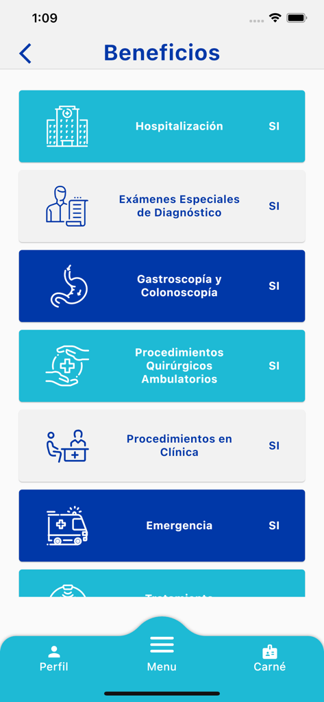 Ficohsa Seguros - Un écran d'application mobile de Ficohsa Seguros affichant une liste d'avantages d'assurance maladie couverts tels que l'hospitalisation et les urgences.