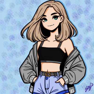 a realistic girl with a crop top and short shorts in an open jacket