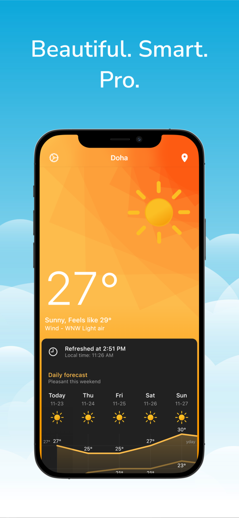 Weather Radar: Forecast Live - Weather Radar app interface showing a sunny day forecast and current temperature