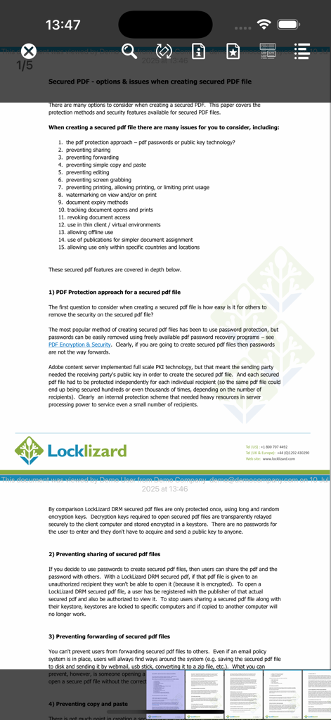 Interface of the Locklizard Safeguard Viewer app displaying a secured PDF document on an iPhone screen.
