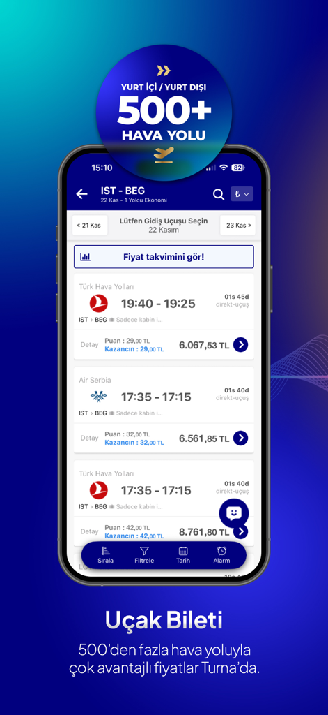 Screenshot of the Turna mobile app showing flight search results and prices for an international trip from Istanbul to Belgrade.
