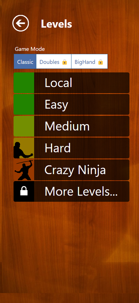 Pantalla de selección de nivel en Speed el Juego de Cartas mostrando varios modos de dificultad, desde Local hasta Ninja Loco