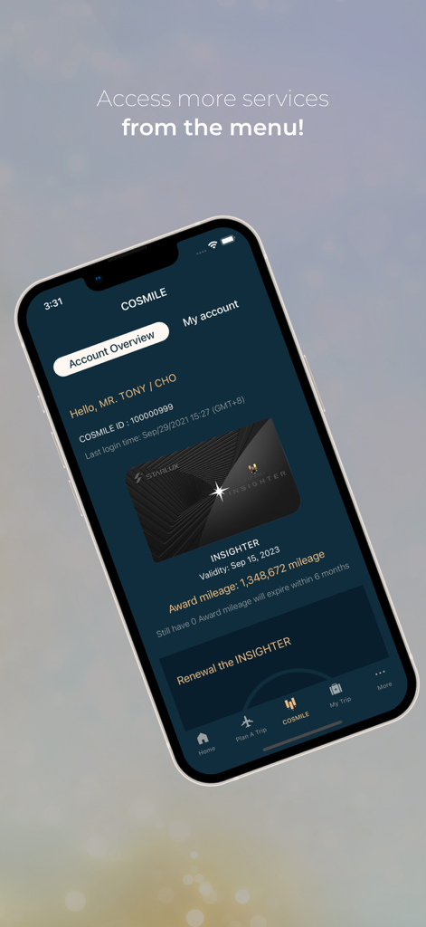 Visão geral da conta de membro COSMILE da STARLUX Airlines mostrando milhagem de prêmio e cartão de membro digital.