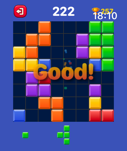 Block Blast Watch Games - Colorful block puzzle grid on a smartwatch screen with a Good achievement message