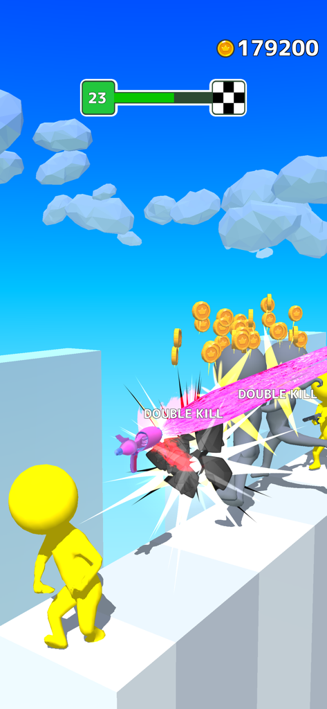 Gun Sprint - Captura de pantalla de la jugabilidad de Gun Sprint mostrando un arma morada eliminando enemigos con mensajes de doble eliminación y monedas volando.