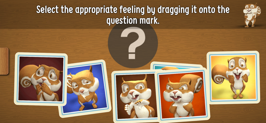 Lucky's Tree of Puzzles - An educational game screen where children identify and match different squirrel emotions to learn social-emotional skills.