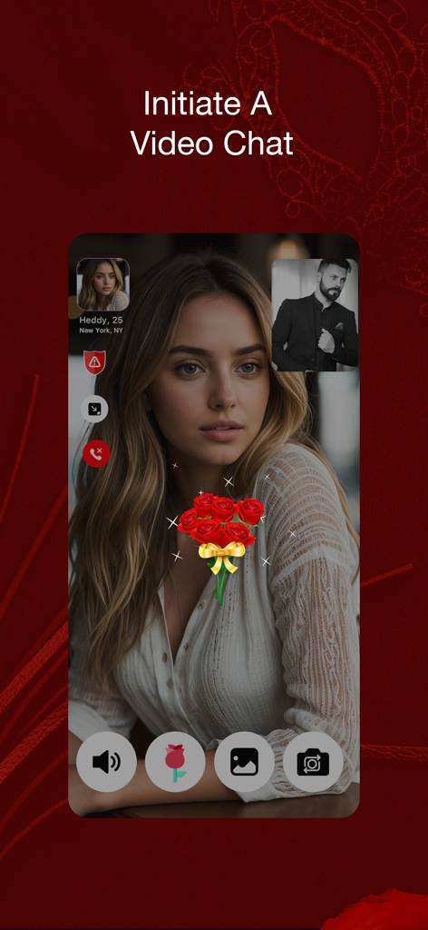 A video call interface on the Kinkoo dating app showing two users and digital rose gifts