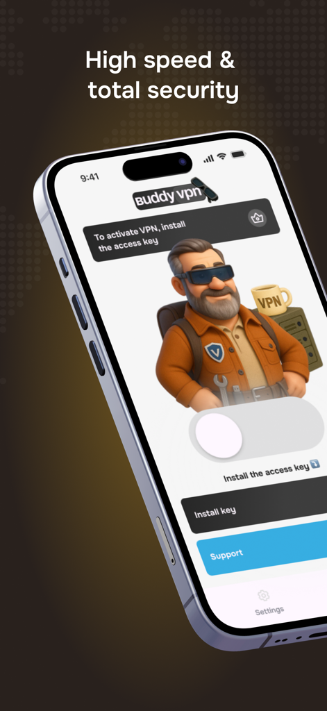 Buddy VPN mobile app interface showing high speed security and access key installation