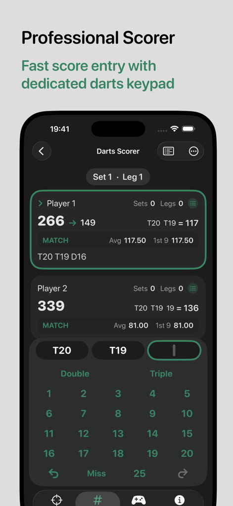 Benutzeroberfläche der Darts Checkout Scorer Pro App, die eine professionelle X01-Anzeigetafel mit Spielerstatistiken und einem speziellen Dart-Keypad zeigt