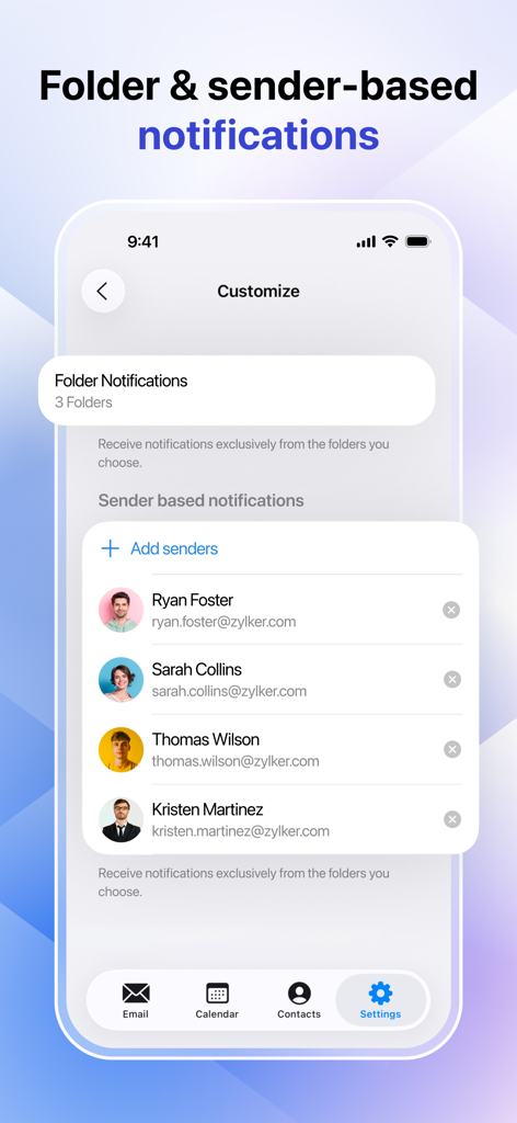 Zoho Mail - Email and Calendar - Zoho Mail app interface showing folder and sender based notification settings