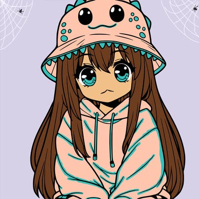 girl with anime shaped eyes with a dinosaur bucket hat oversized sweatshirt long straight hair