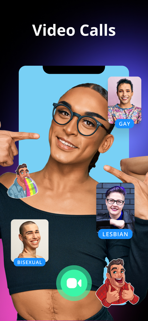 A mobile app screenshot showing video call features with profile photos of gay, lesbian, and bisexual individuals.