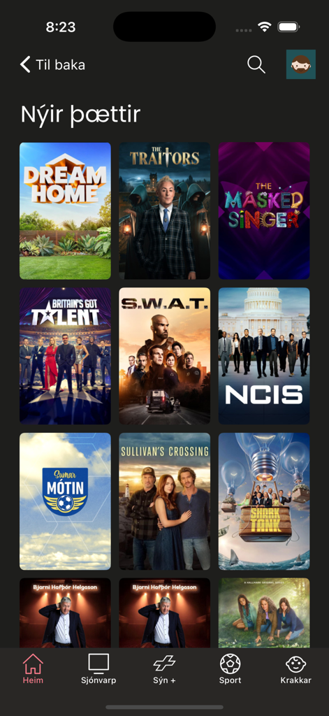 SÝN Sjónvarp - The Syn Sjonvarp mobile app interface showing various TV show titles under the new episodes section.