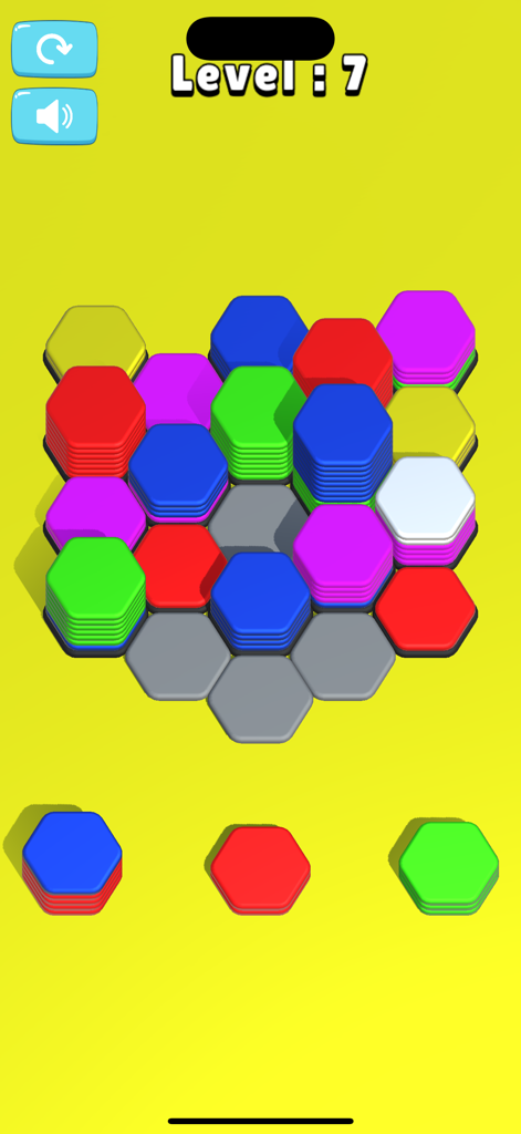 Hexa Sort Game - Gameplay of Hexa Sort Game showing colorful hexagon tile stacks at level 7.