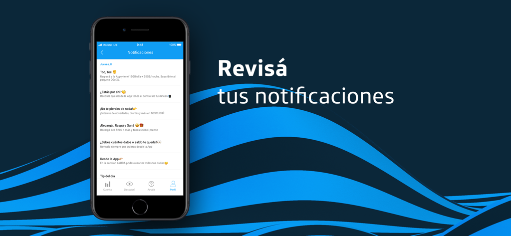 Mi Movistar Uruguay - Un smartphone mostrando la pantalla de notificaciones de la app Mi Movistar Uruguay con un encabezado que dice revisa tus notificaciones en español.