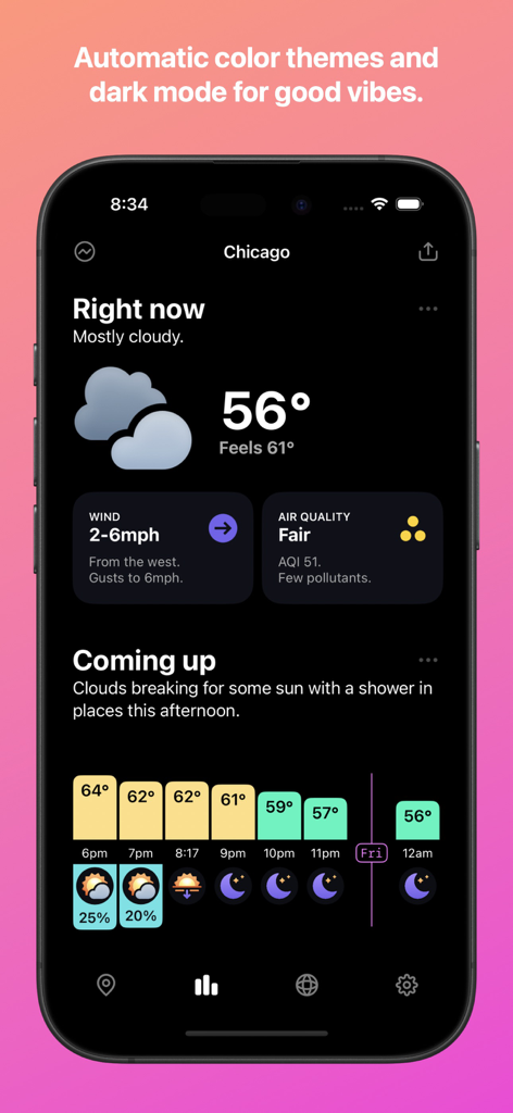 Interface do aplicativo Hello Weather mostrando a previsão de Chicago em modo escuro