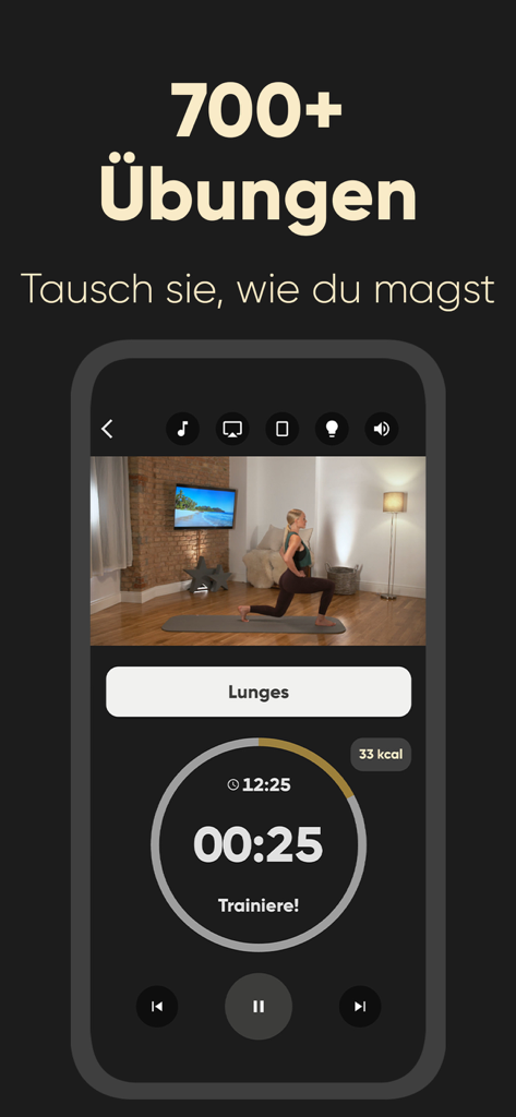 Programm 21: Workouts zuhause - Programm 21 app screen displaying a video workout for lunges with a countdown timer