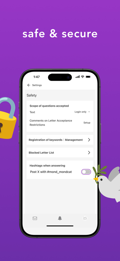 mond - anonymous q&a platform - Ein Screenshot der anonymen Mond Q&A-Plattform, der Sicherheitseinstellungen und Moderationsoptionen auf einem Mobilgerät anzeigt.