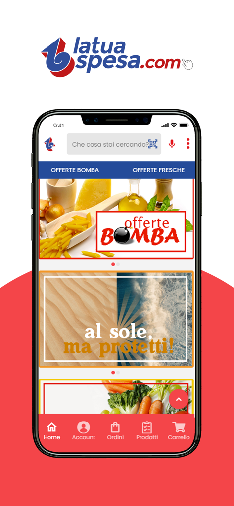LaTuaSpesa - Startbildschirm der LaTuaSpesa-App mit Lebensmittelangeboten und Suchleiste