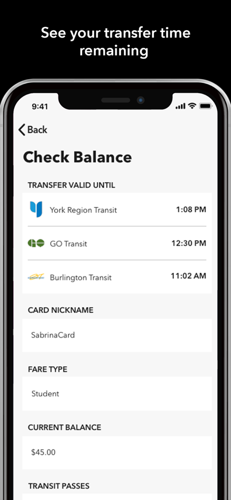 Interface of the PRESTO app displaying remaining transfer times and current account balance