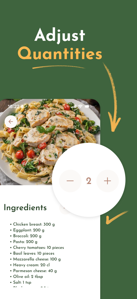 Recipe Maker & Saver - Crumb - Interface de l'application de recettes Crumb montrant un plat de pâtes avec un outil interactif pour ajuster les quantités de portions et une liste détaillée des ingrédients.