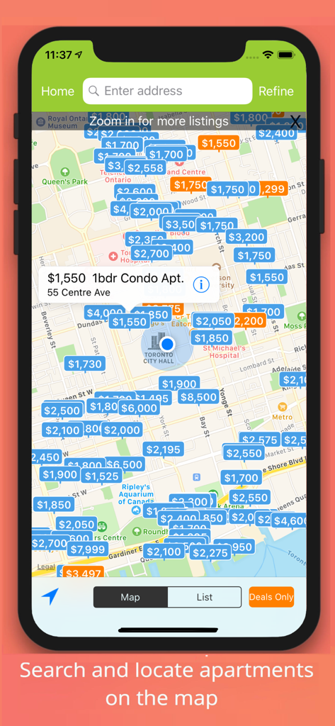Rent Compass Apartment Finder - Rent Compass app map view showing apartment rental prices in downtown Toronto