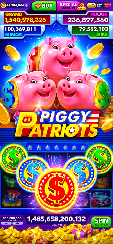 Interfaz de máquina tragamonedas Piggy Patriots en Cash Frenzy mostrando una enorme victoria total y huchas rosas.