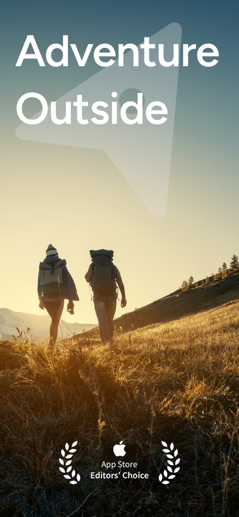 OS Maps: Walk, Hike, Run, Bike - Dos excursionistas con mochilas subiendo una colina al atardecer con el texto Aventura al aire libre y la insignia de Elección de los editores de la App Store