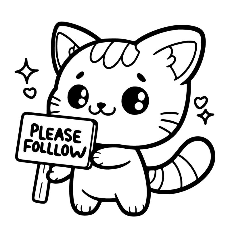 cute cat that holding a sign that says please follow