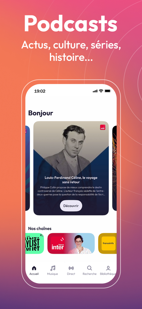 Radio France mobile app interface showing featured French podcasts and radio channels