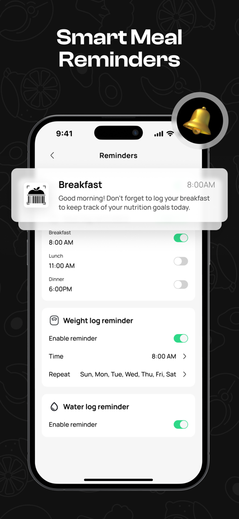 Dietfit AI app interface showing smart reminder settings for meals, weight, and water logging.